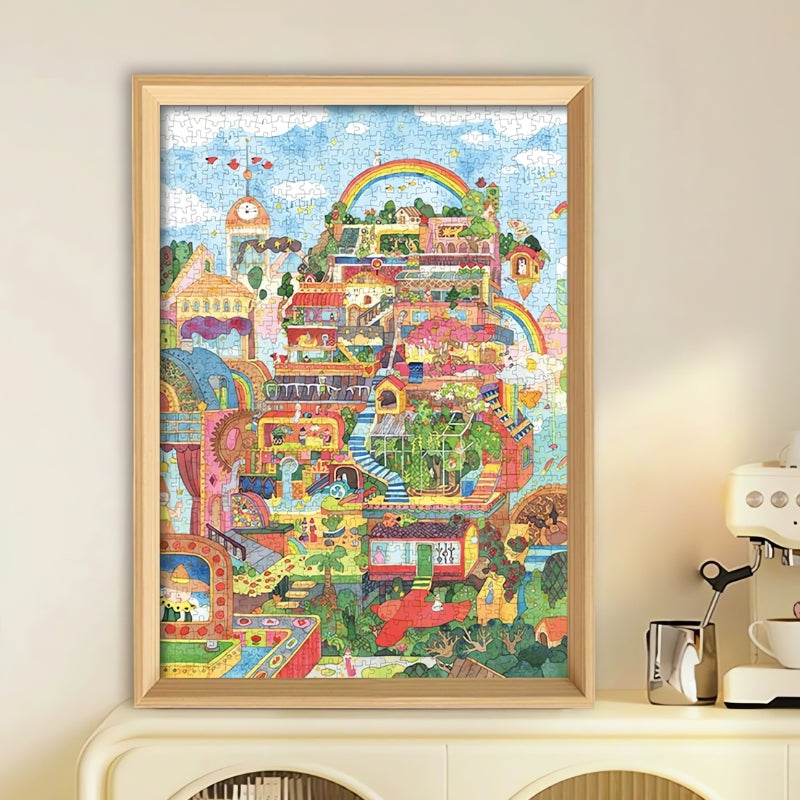 Framed Above Clouds puzzle in a cosy room beside a coffee machine and neutral-toned furniture.