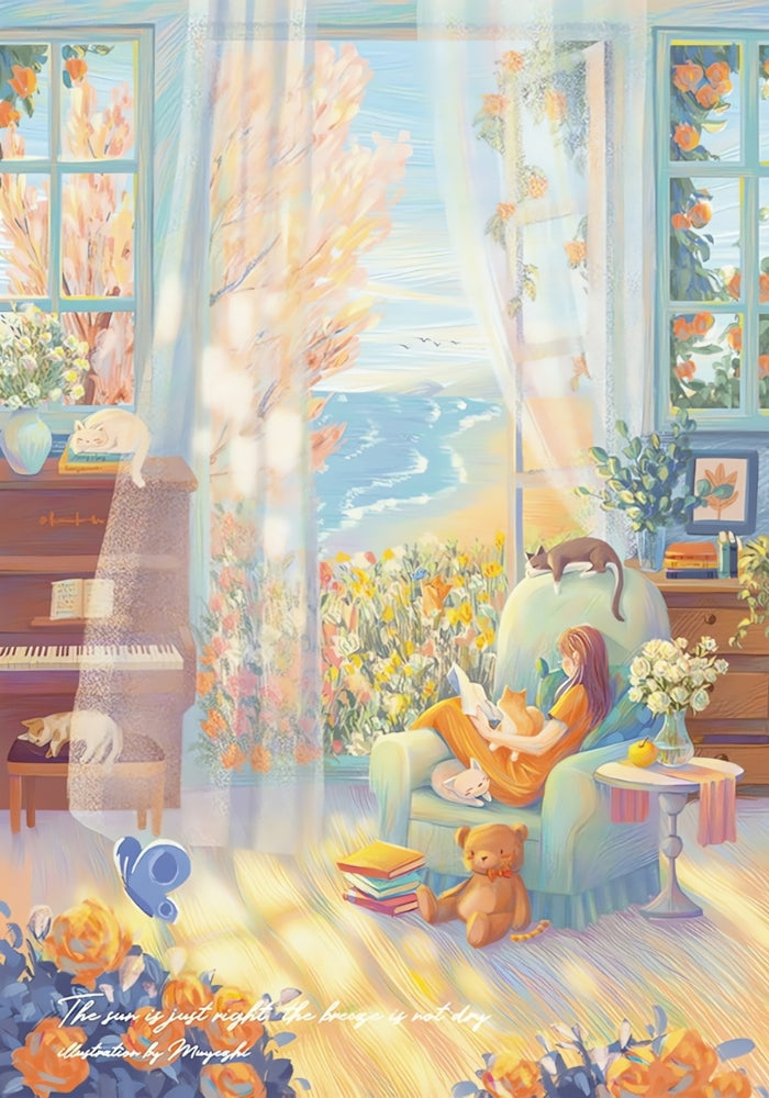 Girl reading with cats in a sunlit room, ocean view outside and pastel decor all around.