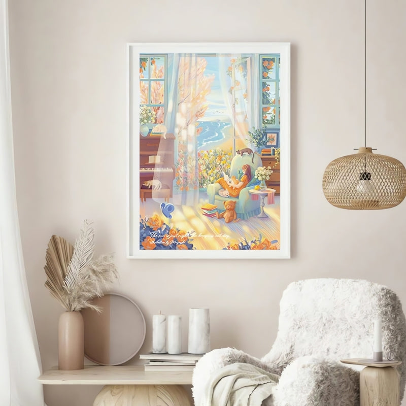 Alone Time puzzle artwork framed on a wall above a white armchair in a warm-toned room.