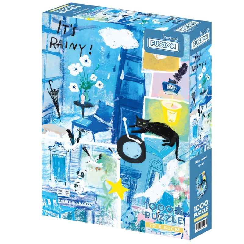 Blue Mood Botop 1000 piece puzzle box with abstract rainy day collage in blue tones