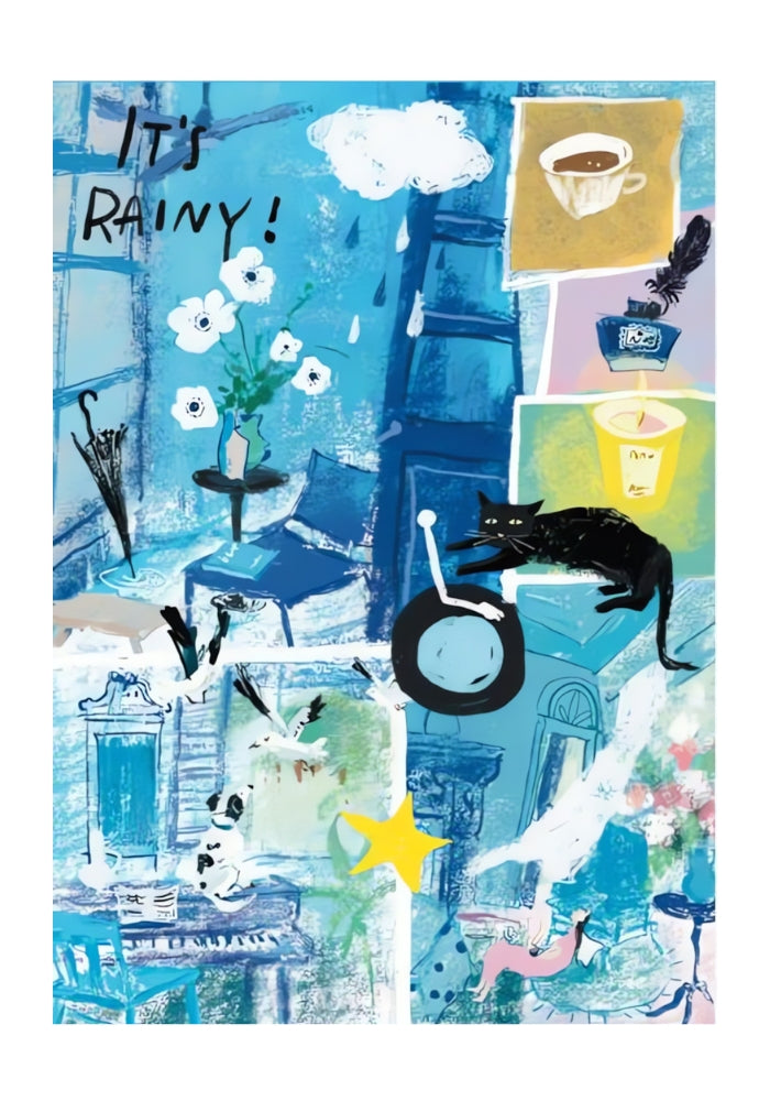 Abstract illustration of rainy day with flowers, black cat, candles, and bold blue brushstrokes