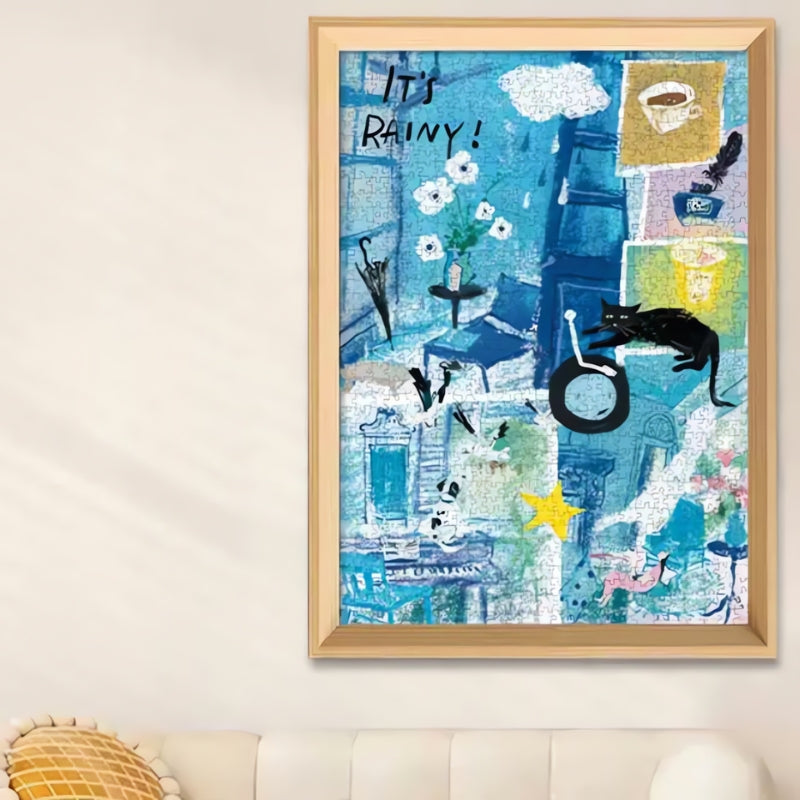Framed Blue Mood puzzle displayed on wall above a beige couch in a cosy room