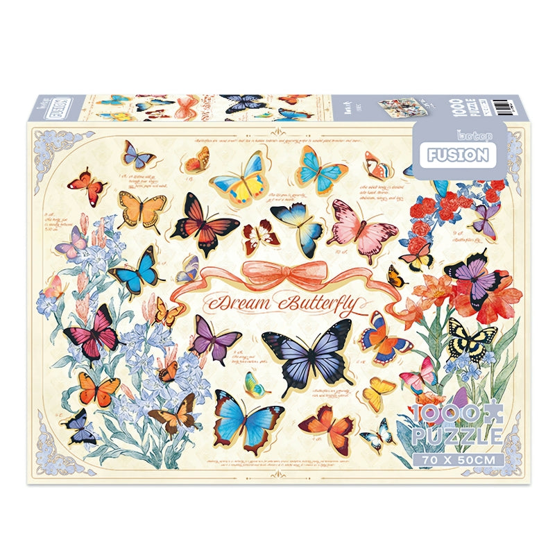 Butterfly 1000 piece puzzle box featuring colourful butterflies and floral elements on a soft cream background.