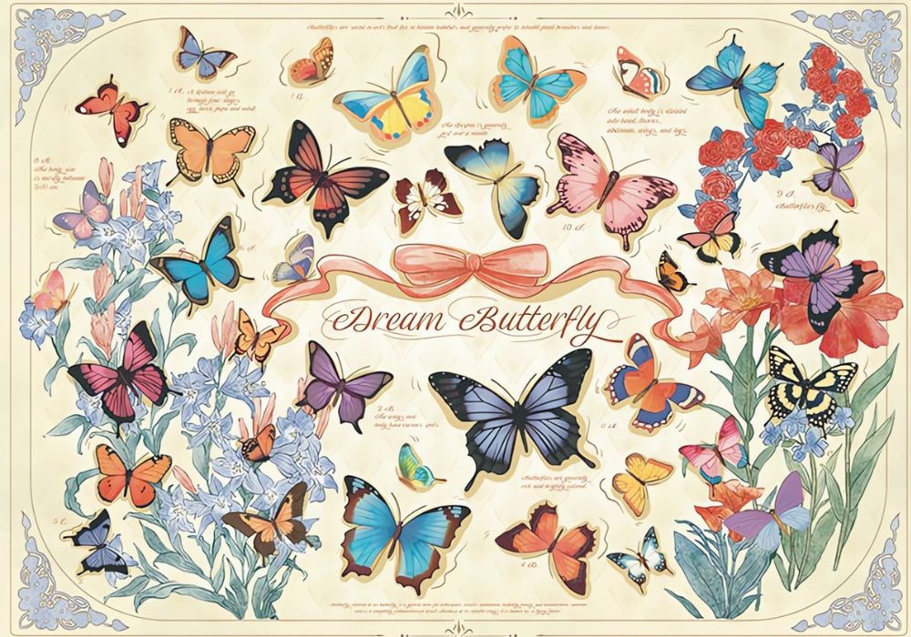 Completed Butterfly puzzle with detailed butterflies, ribbon banner, and botanical drawings.