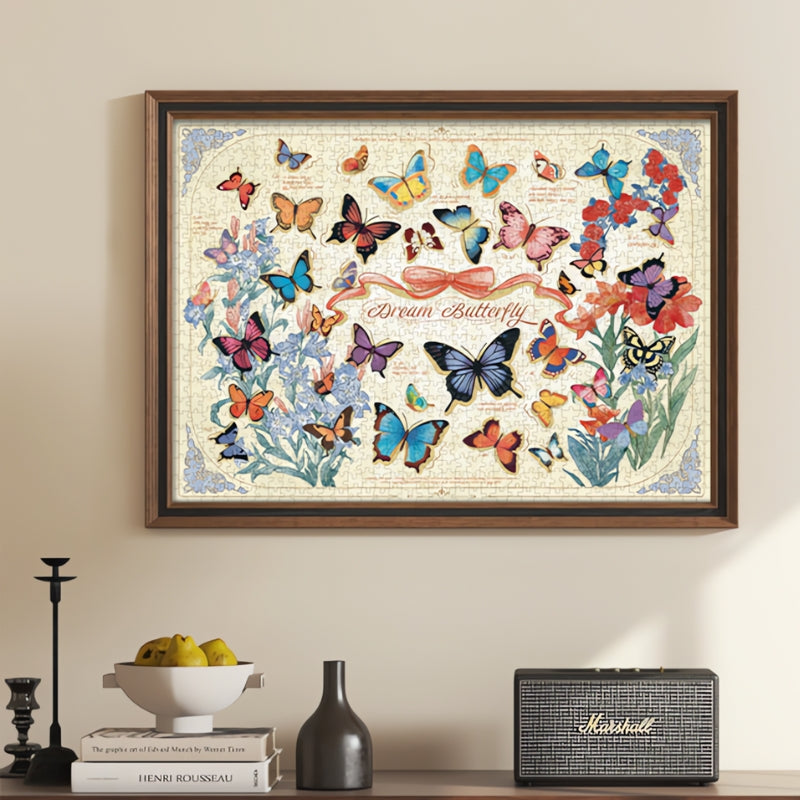 Framed Butterfly puzzle displayed in a modern room above books and décor, with soft neutral tones.