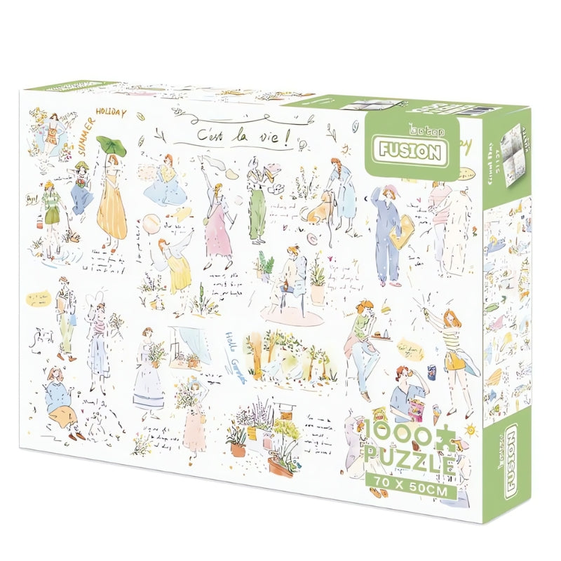 C'est La Vie 1000 piece puzzle box with whimsical illustrations of daily life scenes and handwritten notes.
