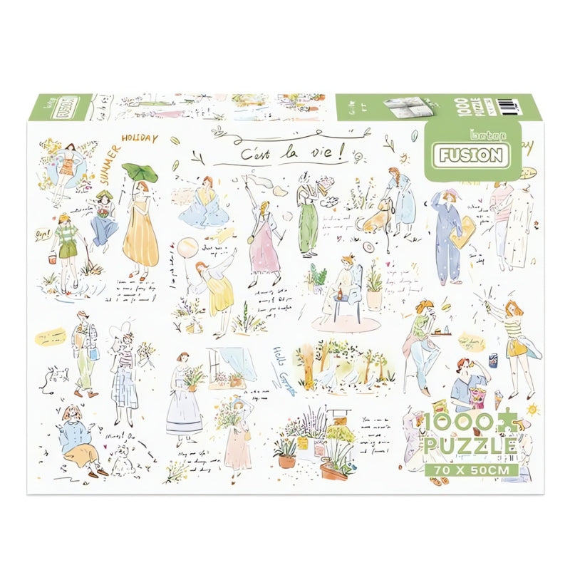 C'est La Vie 1000 piece puzzle box with whimsical illustrations of daily life scenes and handwritten notes.