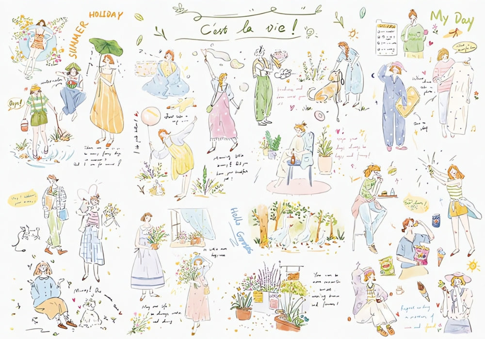 Completed C'est La Vie puzzle featuring playful sketches of people, plants, pets, and lighthearted quotes.
