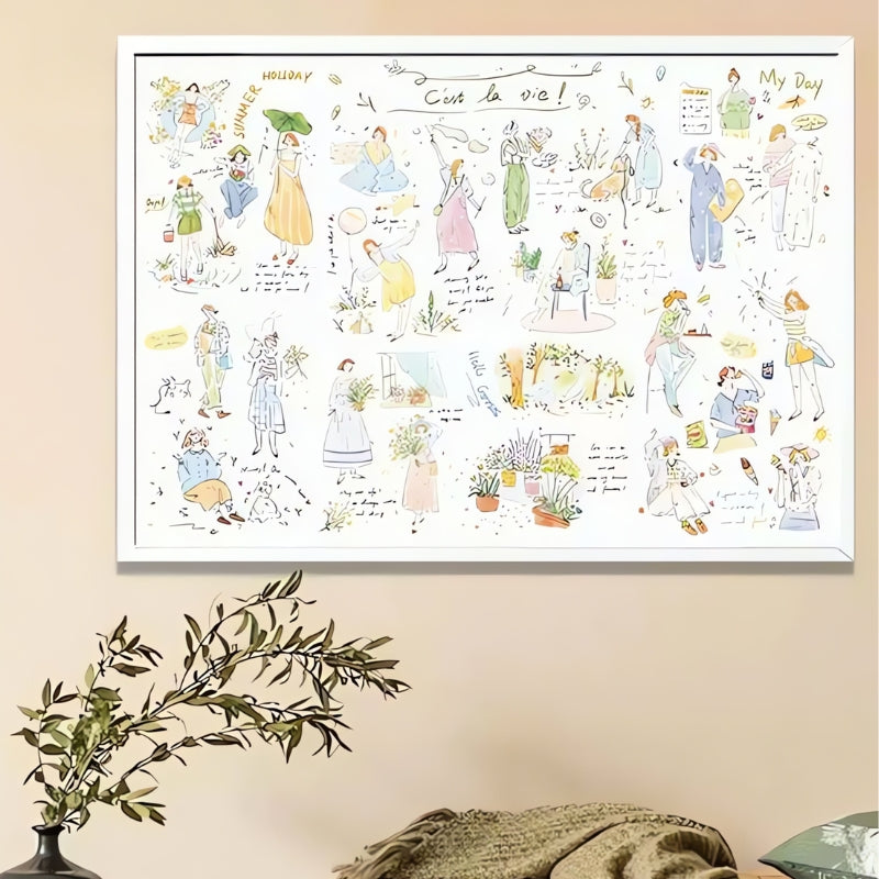 Framed C'est La Vie puzzle artwork displayed above a cosy neutral-toned shelf with greenery.