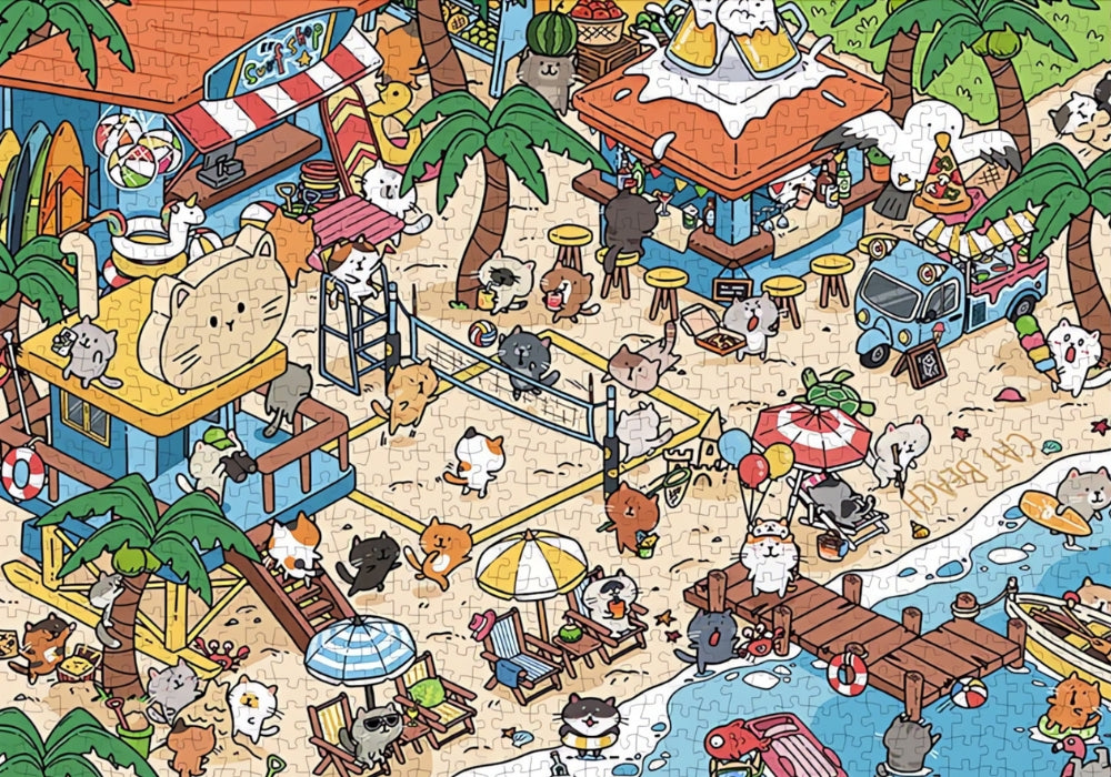 Finished Cat Beach puzzle showing cats relaxing, eating, and playing by the beach and food stalls.