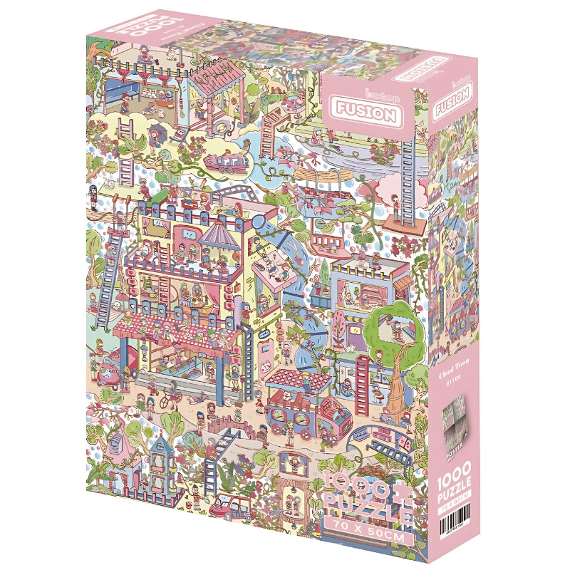 Botop Cloud Town 1000 piece puzzle box with detailed pastel cityscape full of whimsical scenes.