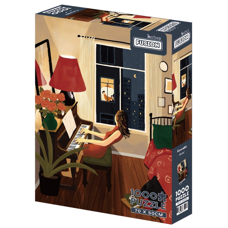 Ensemble 1000 piece puzzle box featuring a warm indoor scene with a girl playing piano at night.