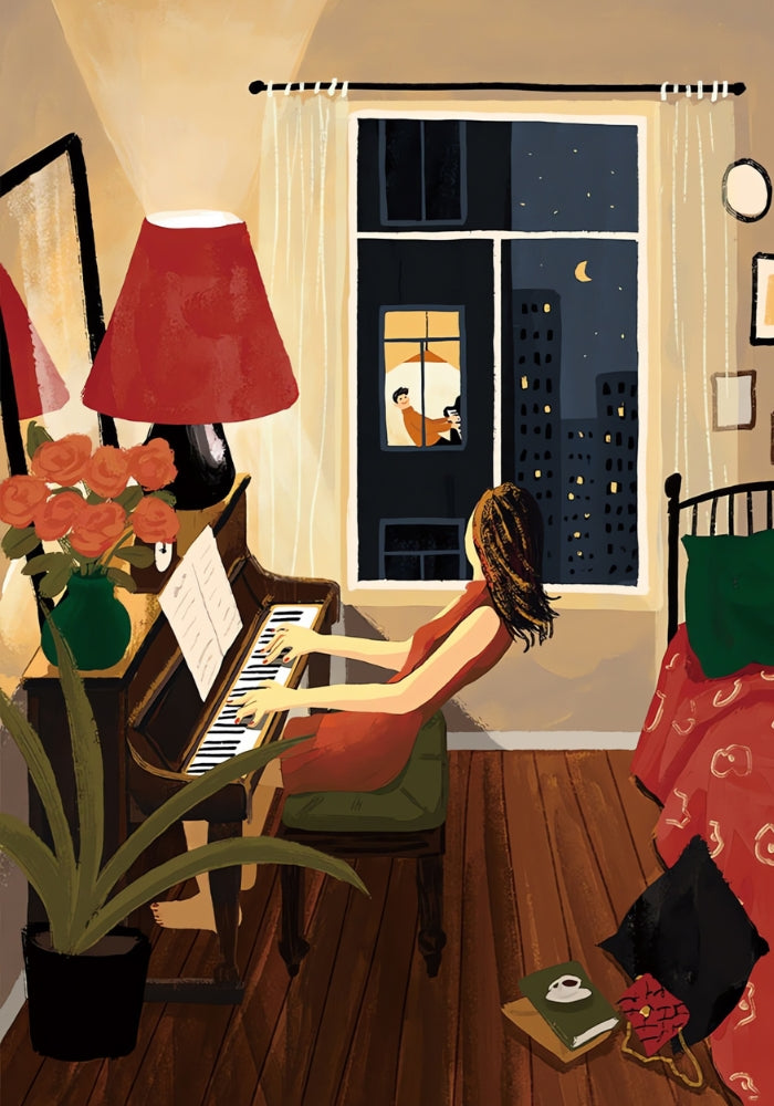 Completed Ensemble puzzle artwork of a girl playing piano by window with city lights and a moonlit view.