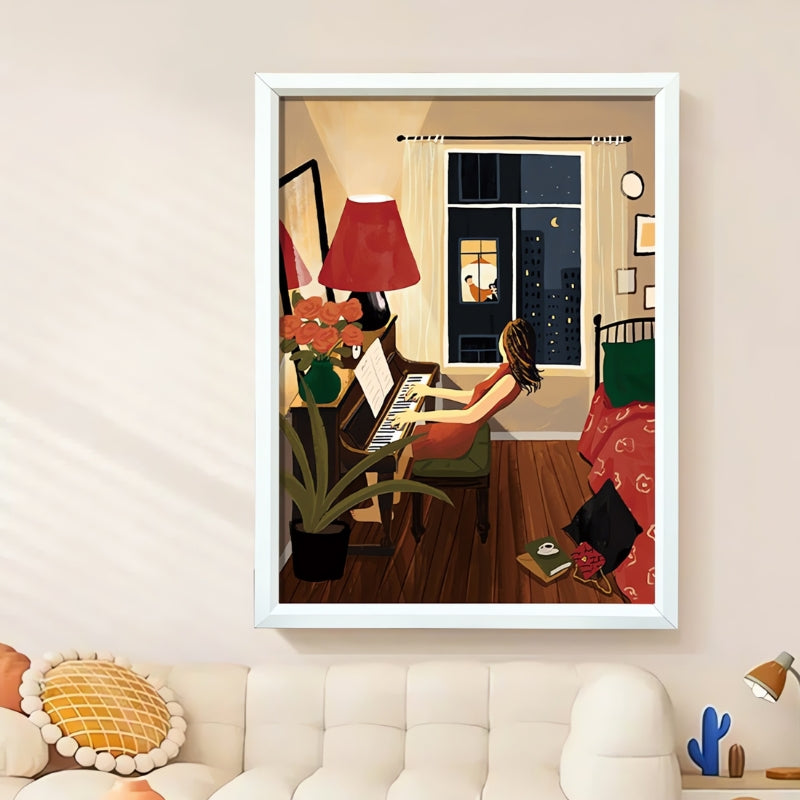 Framed Ensemble puzzle displayed above a white sofa in a modern room with soft, ambient tones.