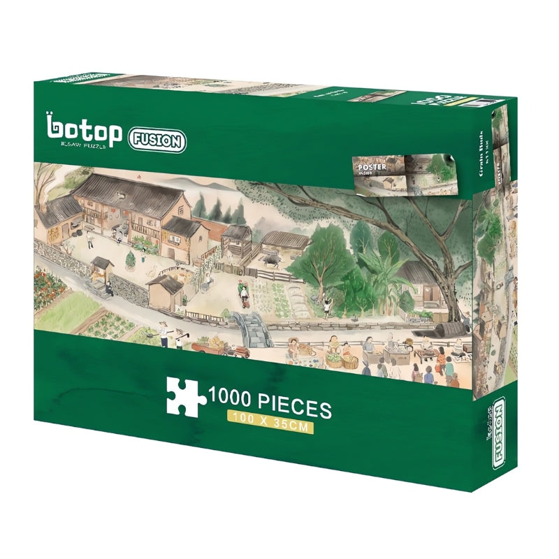 Garden Field 1000 piece puzzle box with rural village illustration and lush green surroundings.