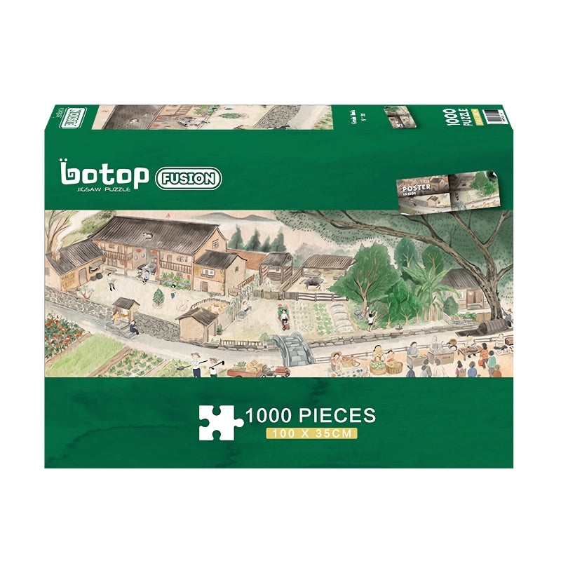 Garden Field 1000 piece puzzle box with rural village illustration and lush green surroundings.