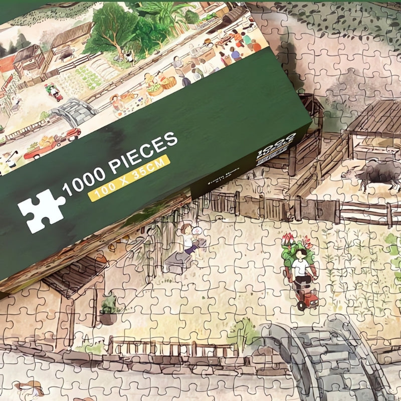 Close-up of Garden Field puzzle with box on top, showing villagers, crops, and a stone bridge.