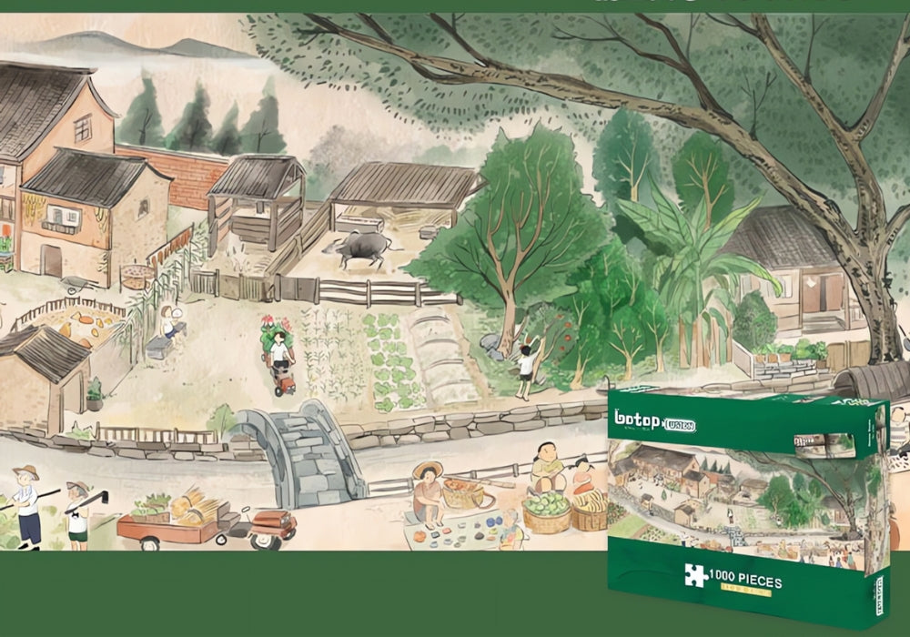 Garden Field puzzle artwork featuring a peaceful village with farms, trees, and market life.