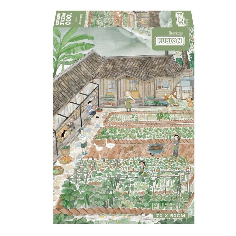 Grain in Ear 1000 piece puzzle box showing a hand-drawn vegetable garden and farmhouse scene.