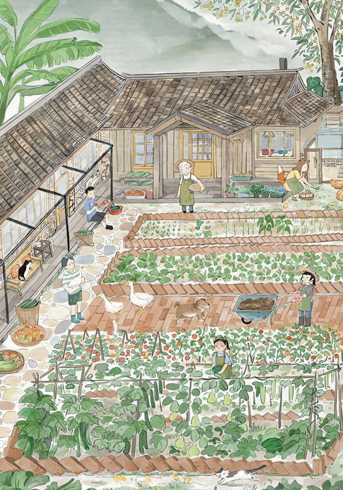 Illustrated garden scene with villagers, vegetables, and animals from the Grain in Ear puzzle.