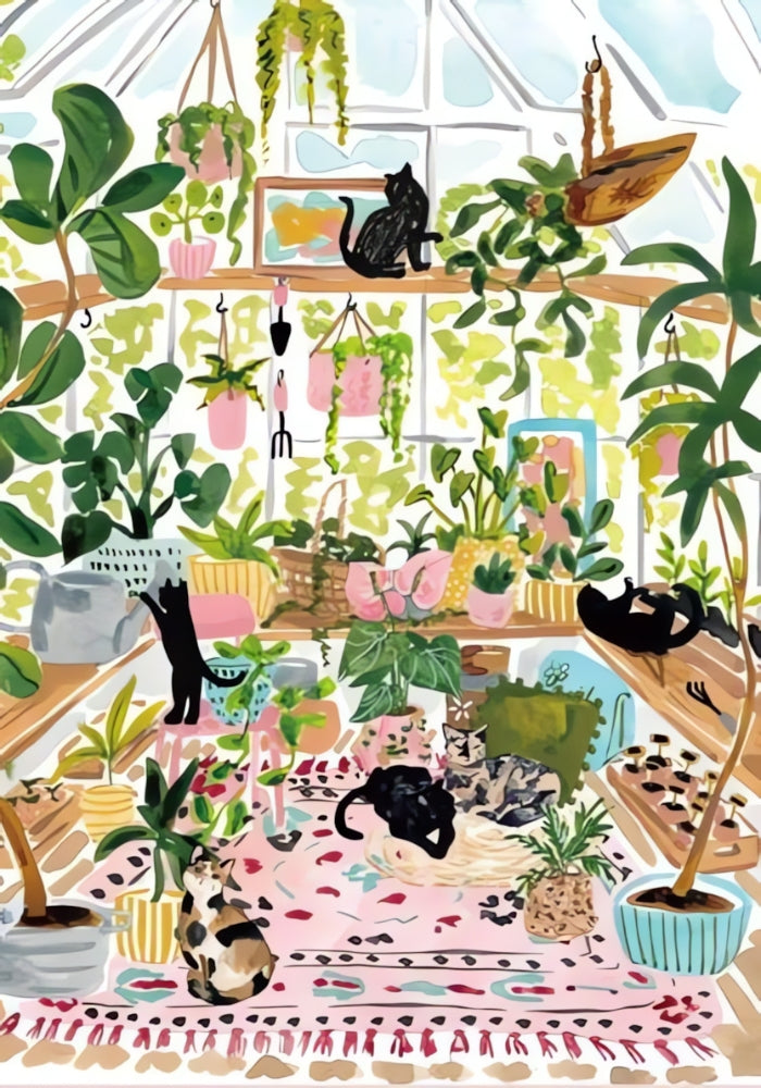 Completed Greenhouse Cats puzzle showing cats lounging among potted plants in a cosy indoor garden.