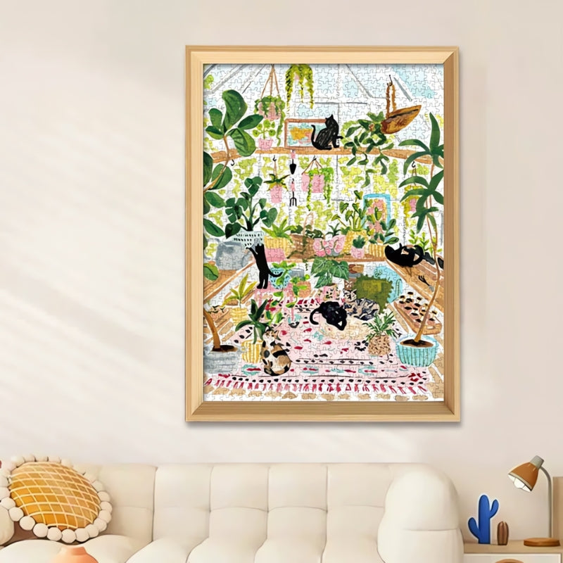 Framed Greenhouse Cats puzzle displayed above a white couch in a bright, modern living space.