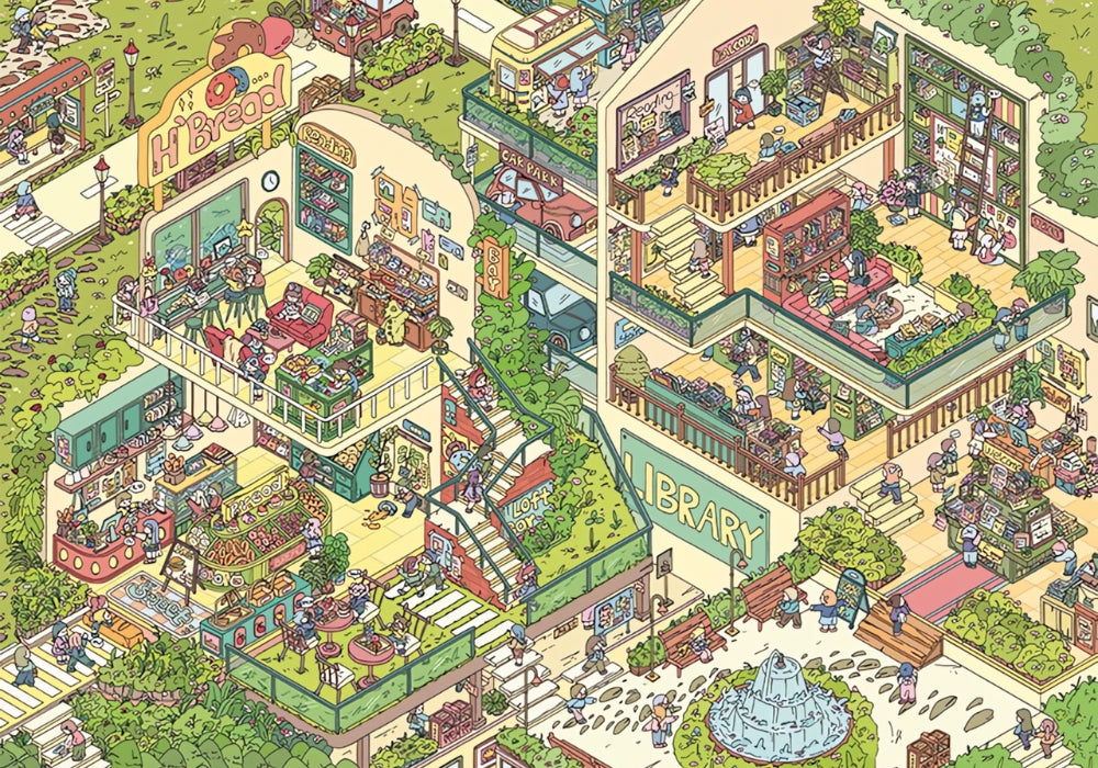 Full H'Bread puzzle artwork showing a colourful cross-section of lively buildings and outdoor scenes.