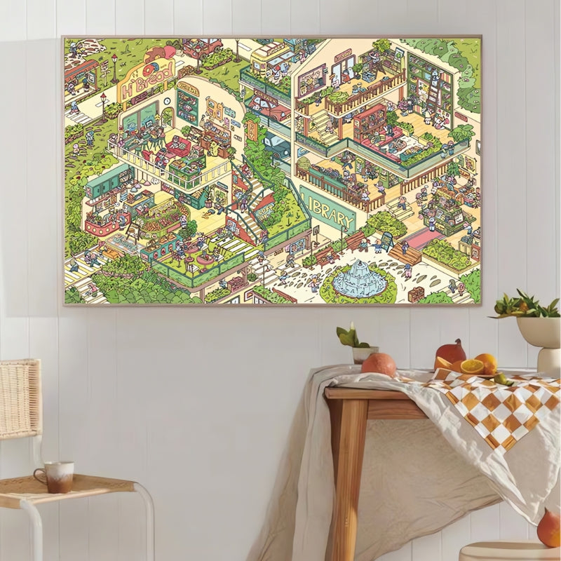 H'Bread puzzle framed on wall above table in a bright interior with checkered tablecloth and fruit bowl.