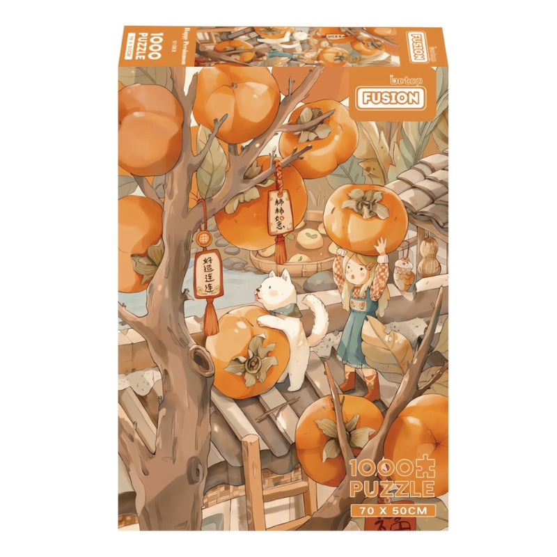 Illustration of a girl and a white cat on a rooftop picking giant persimmons from a tree surrounded by warm autumn tones.