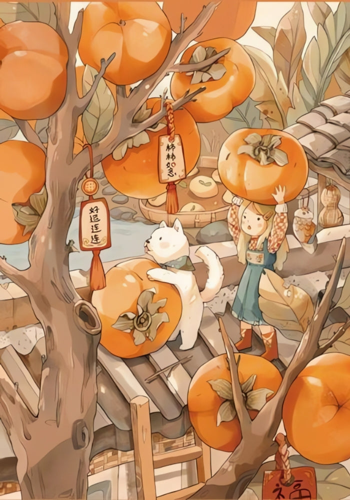 Framed Happy Persimmon puzzle artwork displayed in a cosy room with neutral decor and natural lighting.
