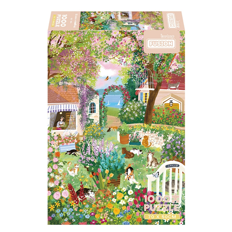 Listen to the wind 1000 piece puzzle box with a vibrant garden scene full of flowers, cats, and cottages.