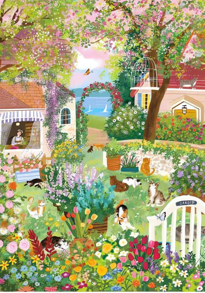Completed Listen to the wind puzzle showing a lush, colourful garden with cats, flowers, and seaside view.