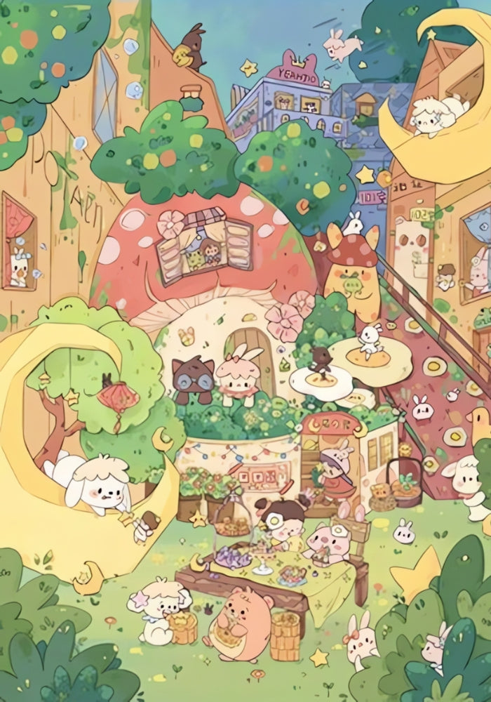 Whimsical village scene with animals in crescent moons, mushroom houses, and a market stall in soft pastel tones.