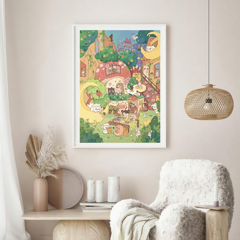 Framed Moon Township puzzle artwork displayed in a minimalist room with neutral decor and natural textures.