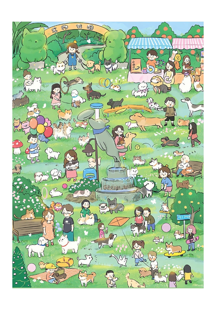 Illustrated park scene with dogs and owners playing, flying kites, and visiting stalls