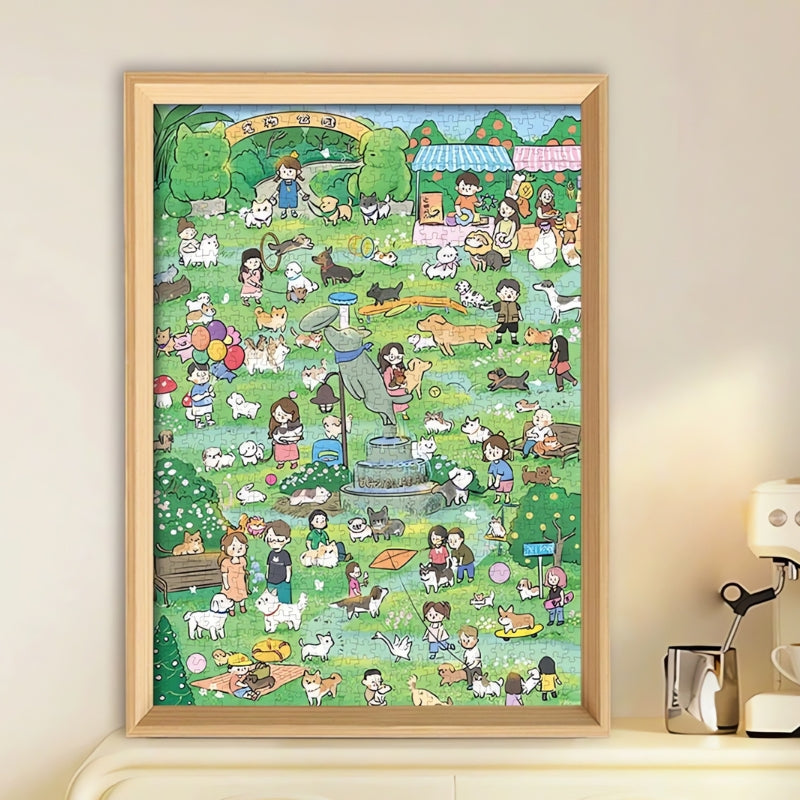 Finished Pets Park puzzle framed on wall above cream-coloured lounge and coffee machine