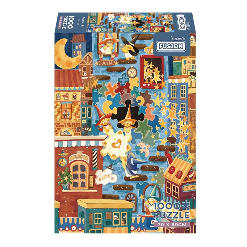 Colourful puzzle box featuring magical witches, floating puzzle pieces, and whimsical buildings.