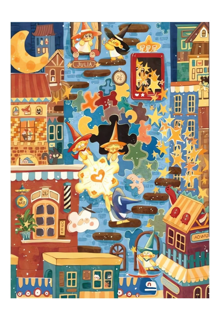 Illustrated witches casting spells among floating puzzle pieces and stars on a vibrant cityscape.