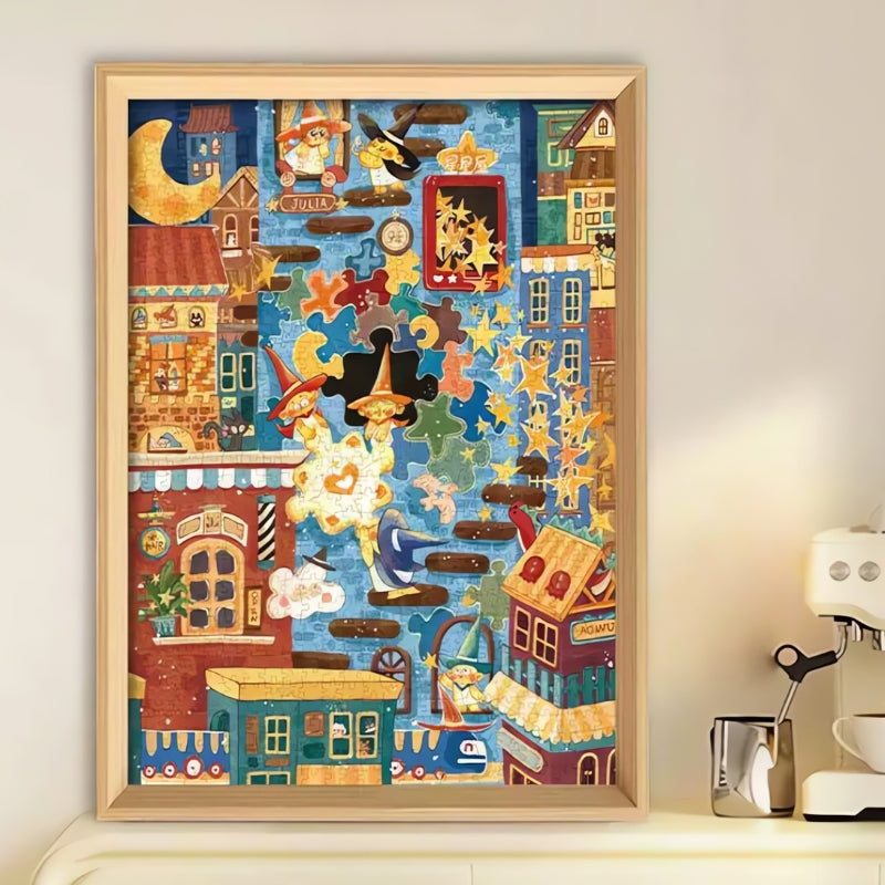 Completed Puzzle City artwork displayed in a wooden frame above a white sofa.