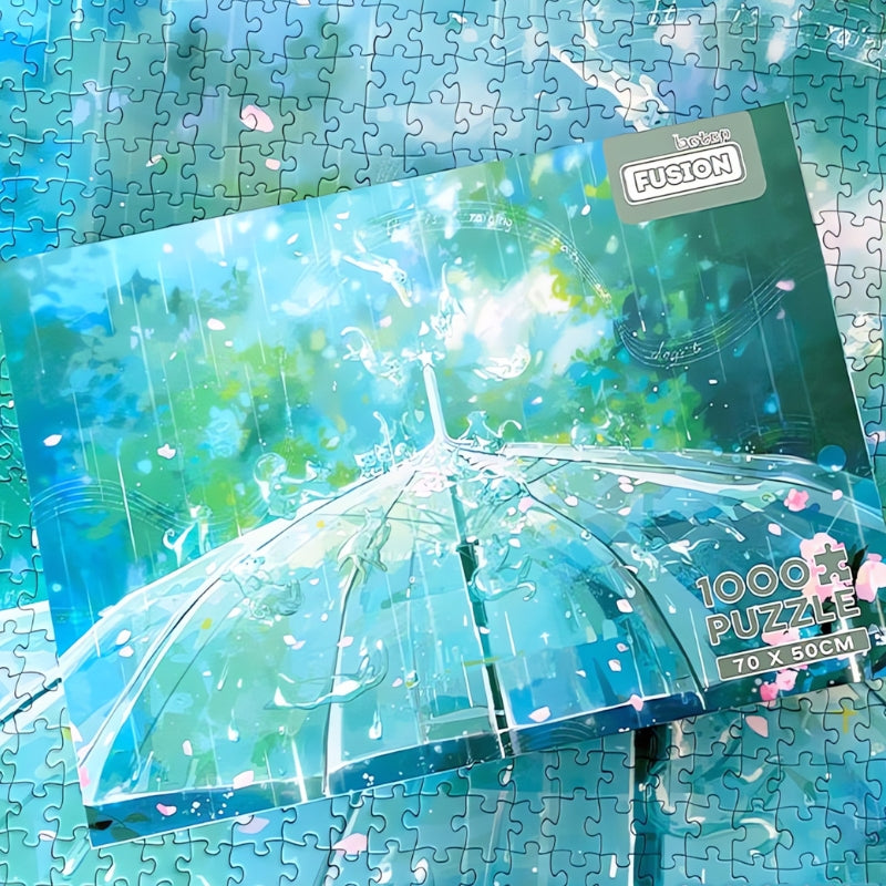 Rain Cats puzzle box placed over completed puzzle showing soft blue tones and falling petals.