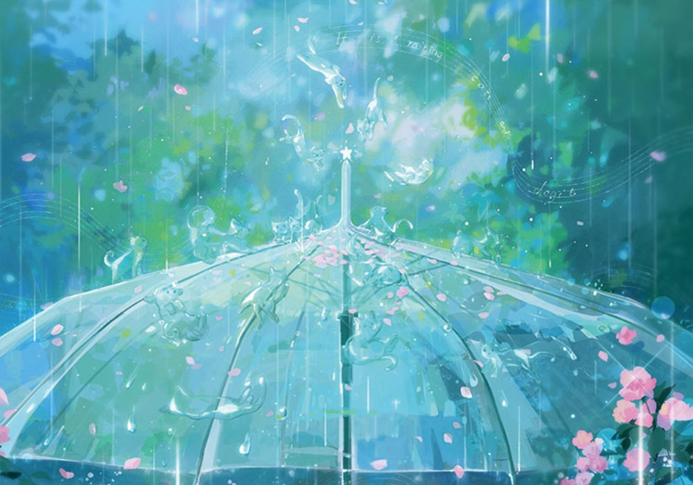 Finished Rain Cats puzzle artwork featuring a transparent umbrella, raindrops, and pink petals in the rain.