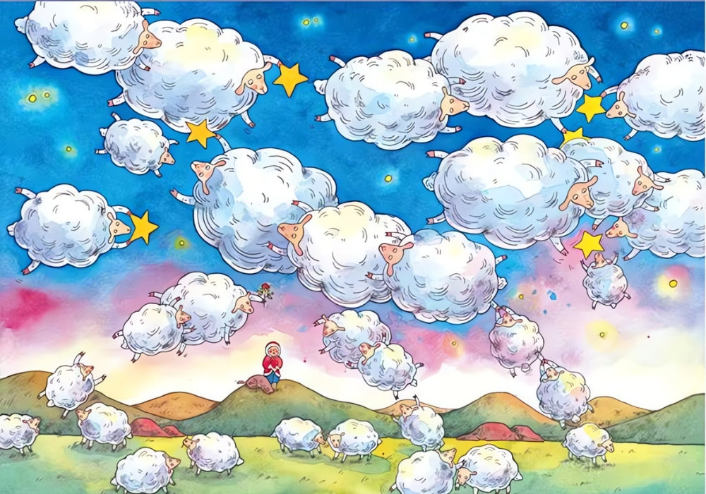 Completed Reach Stars puzzle with floating sheep, night sky, and a child on rolling green hills.