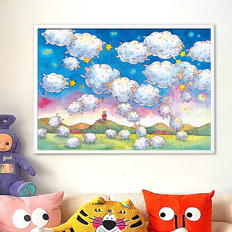 Framed Reach Stars puzzle displayed above a playful sofa with colourful plush toys and cushions.
