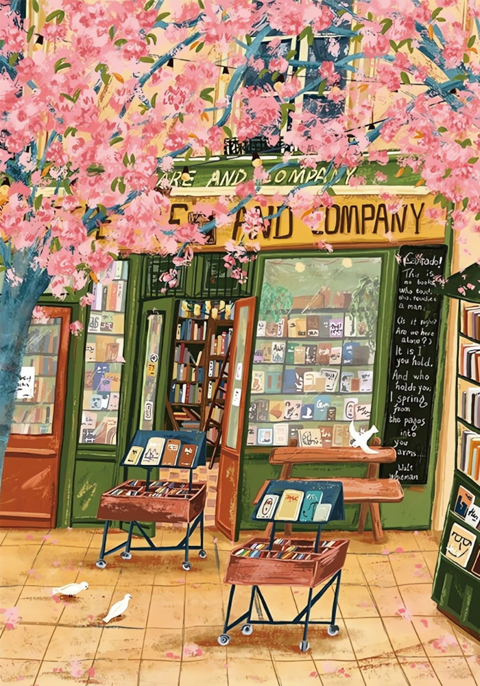 Illustration of a cosy bookshop with blooming sakura branches, book carts, and birds along a tiled path.