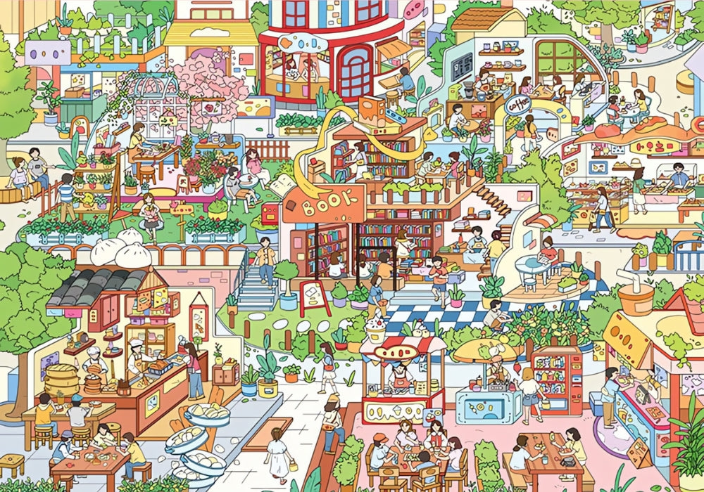 Completed Small Streets puzzle artwork featuring colourful street scenes and animated townspeople.