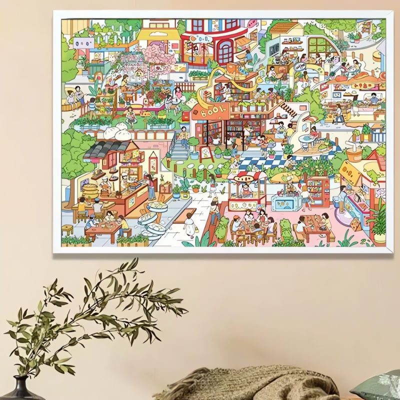 Framed Small Streets puzzle displayed in a cosy room with light decor and a touch of greenery.