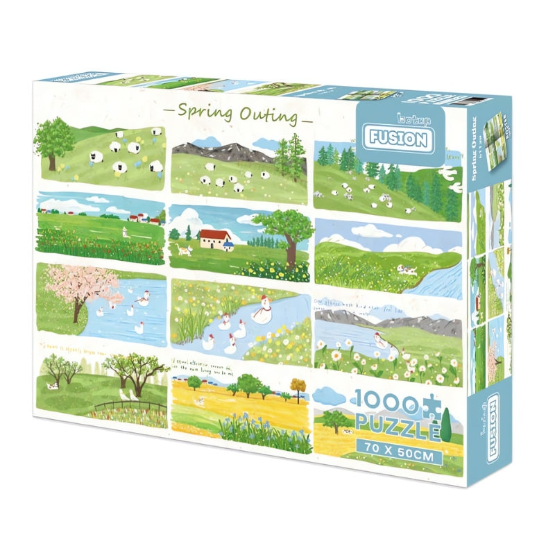 Spring Outing 1000 piece puzzle box featuring soft pastel panels of sheep, ducks, fields, and flowers.