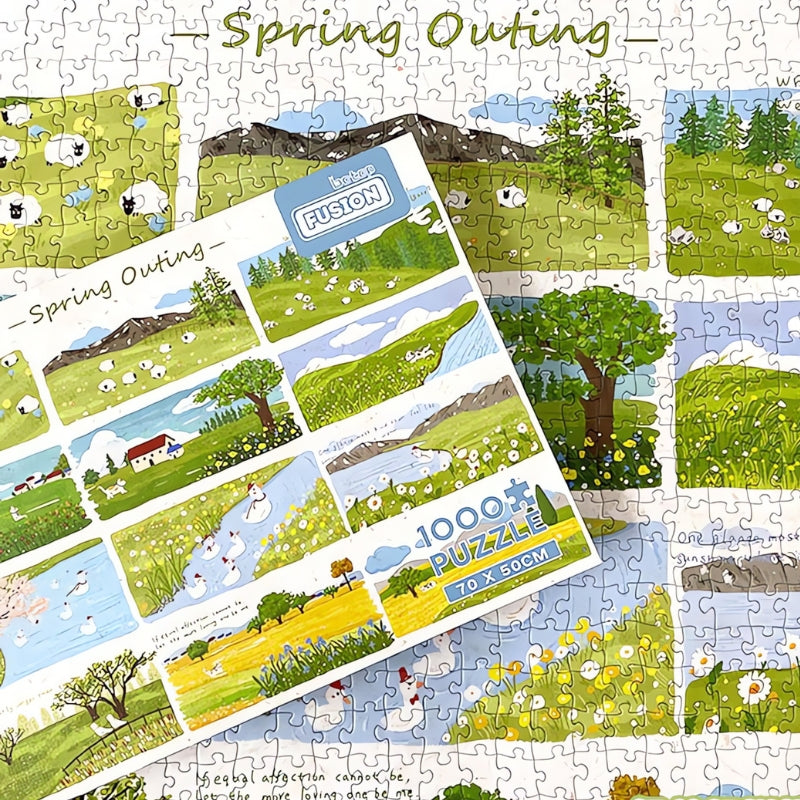Spring Outing puzzle box placed over the finished puzzle showing serene springtime countryside panels.