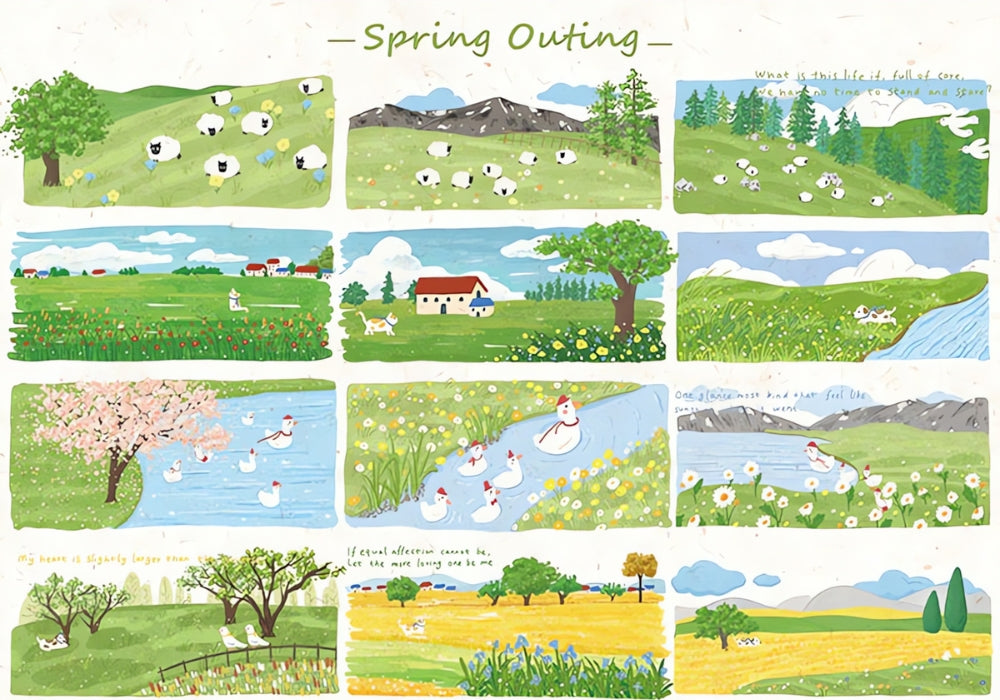 Completed Spring Outing puzzle artwork with scenic spring panels of nature, animals, and blooming fields.