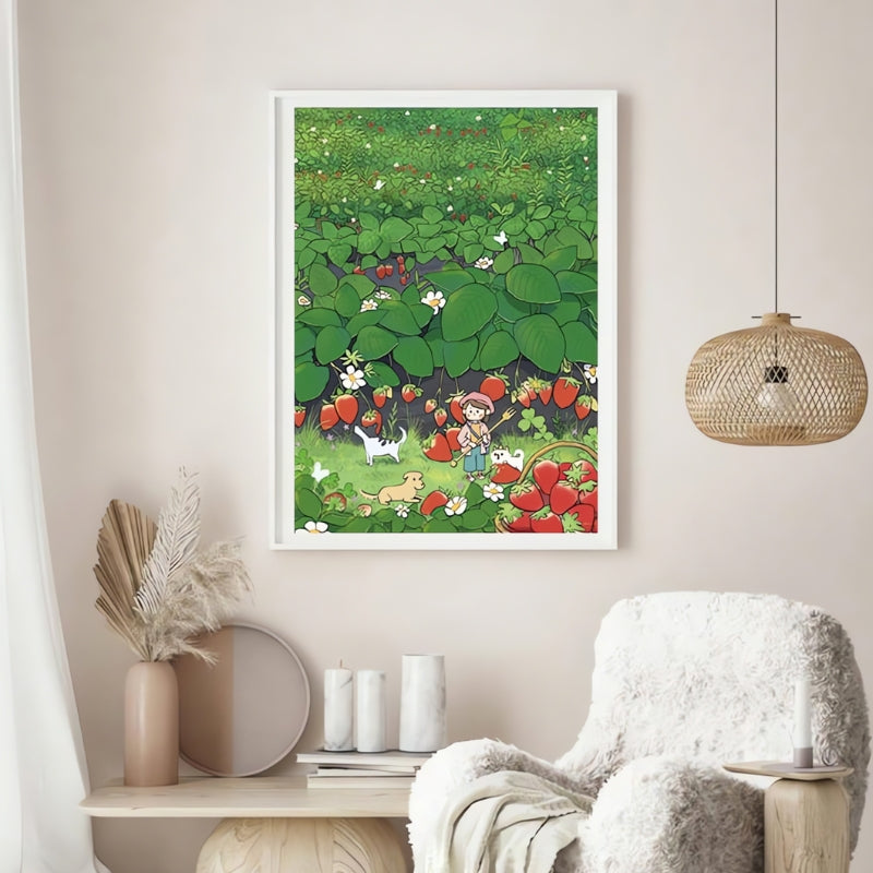 Framed Strawberry puzzle artwork on wall in cosy room with rattan lamp and armchair